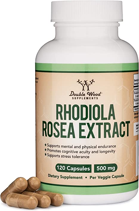 Rhodiola Rosea Supplement 500mg, 120 Vegan Capsules (Made and Tested in The USA, 3% Salidrosides, 1% Rosavins Extract) Natural Stress Level Support Pills by Double Wood Supplements