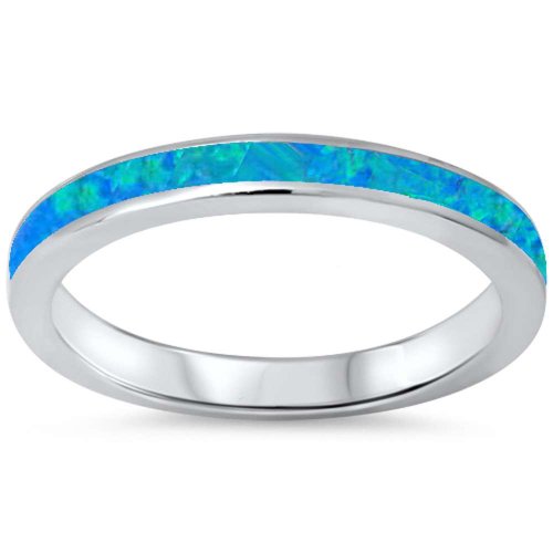 Lab Created Blue Opal Band .925 Sterling Silver Ring sizes 4-12