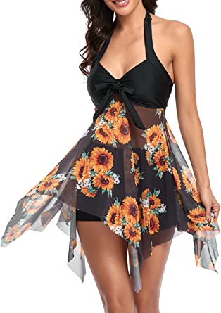 MiYang Womens Tankini Swimdress with Boyshorts Two Piece V Neck Bowknot Halter Bathing Suit Dress