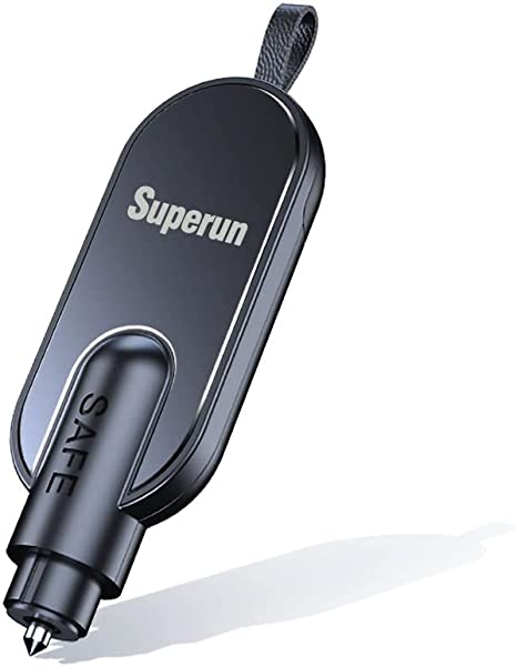 Superun Car Escape Tool 2-in-1 Emergency Hammer Car Window Breaker and Seatbelt Cutter, Premium Black Safety Keychain Glass Breaker