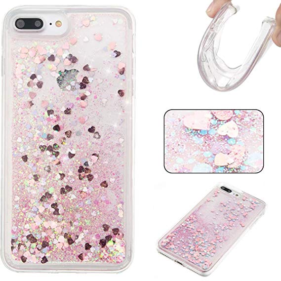 iPhone 7 Plus Case,iPhone 8 Plus Case,DAMONDY Moving Stars Bling Glitter Floating Dynamic Flowing Love Heart Ultra Clear Soft TPU Case for Apple iPhone 7 Plus & iPhone 8 Plus-pink