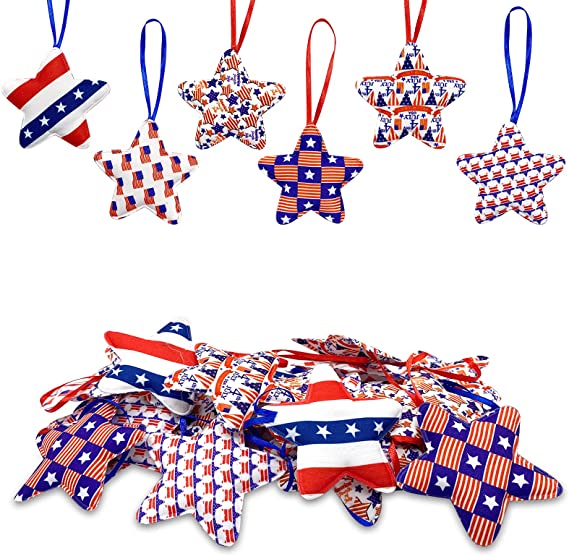 Deloky 30PCS Independence Day Hanging Star-2.7x5.3 Inch 4th of July Fabric Wrapped Mix Hanging Star Ornament for Memorial Day Party Festival Christmas Tree Decorations (S)