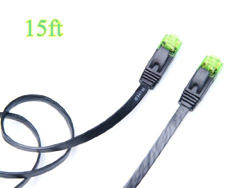 Cat6 Ethernet Cable 15ft Flat, Lapland Network Cable Slim Internet Patch Wire 100% Copper with Green Snagless RJ45 Connectors, Beautiful Pouch Included - 15 feet Black