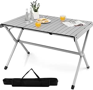 Giantex Folding Camping Table for 6-8, Portable Roll Up Table with Carry Bag, Lightweight Aluminum Picnic Table for Grill, BBQ, Travel, Beach, Backyard, 110cm L