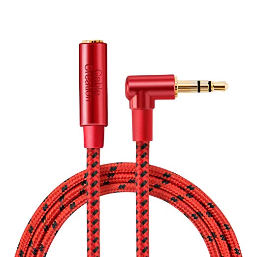 3.5MM Male to Female,CableCreation 6FT Right Angle Audio Extension Stereo Cable,Jack HiFi Cable with Silver-Plating Copper Compatible iPhones,Tablets,Sony Beats,PS4 Headset,24K Gold Plated, Red