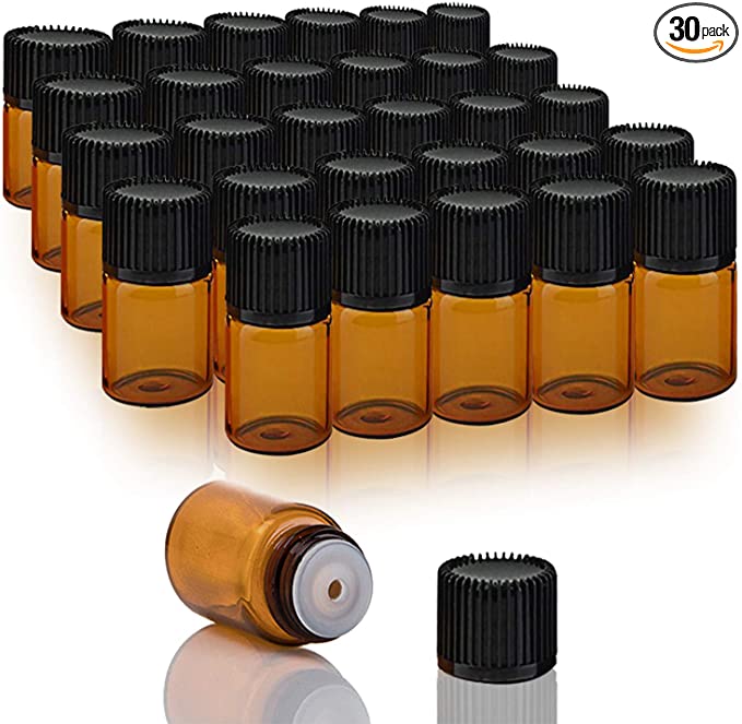 Goiio 30 Packs 2 ML (5/8 Dram) Essential Oil Bottles, Small Sample Amber Glass Jars With Orifice Reducers And Black Caps, For Oil Blends, Perfumes