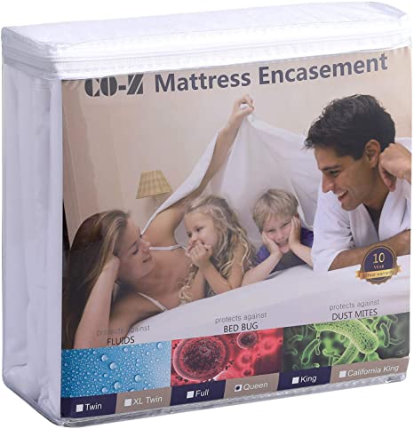 CO-Z Mattress Protector with Zipper Closure 6-Sided Cover Queen Size, Waterproof, Bed Bug & Dust Mite Proof, 100% Polyester Knit Fabric Encasement, Machine Washable, White