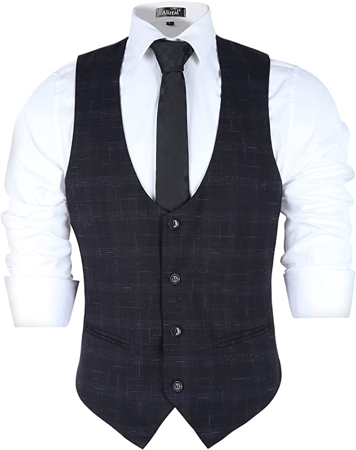 Alizeal Mens 4 Buttons U-Neck Business Suit Vest Regular Fit Single Breasted Waistcoat for Tuxedo