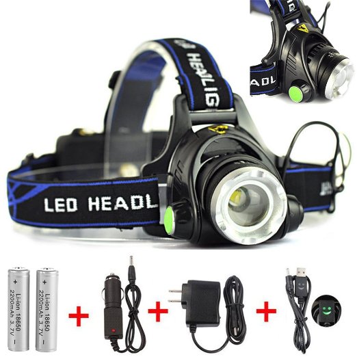 Goreit® Zoomable LED Headlamp Light 3-Mode 1800 Lumens Super Bright Headlight Hands Free Flashlight For Outdoor Sports with 18650 Rechargeable Batteries and AC/Car/USB Chargers