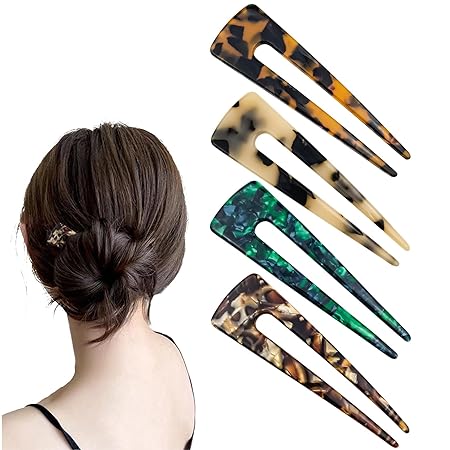 4 PACK 4.5Inch U Shape Hair Forks French U-shaped Hairpin with Two Prongs U Shape Hair Clips Chignon Pin Tortoise Shell U Sticks Pins for Women Girls Hairstyles