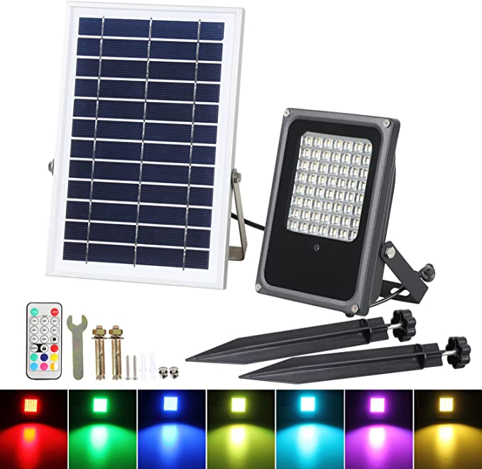 Solar RGB Flood Lights, T-SUN 50W 56 LED Color Changing Outdoor Security Floodlight Wall Light Waterproof IP65 Spotlight with Remote Control for Garden, Patio, Yard, Pool, Garage