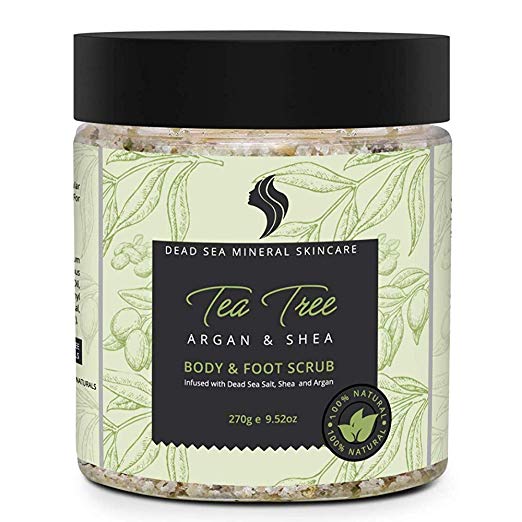 Natural and Organic Exfoliating Tea Tree Dead Sea Salt Scrub with 23 Dead Sea Minerals, Argan Oil, Vitamin E and Shea Butter. Helps Reduce Dandruff and Body Odor