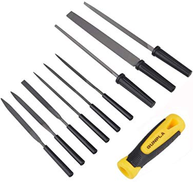 Gunpla 10 Pieces Flat File Set Comfortable Non-Slip Rubber Grip Handle Hand Assorted Needle File Sets Rasp with Flat Warding Square Triangular for Shaping Wood Metal Diamond Sharpening Tools