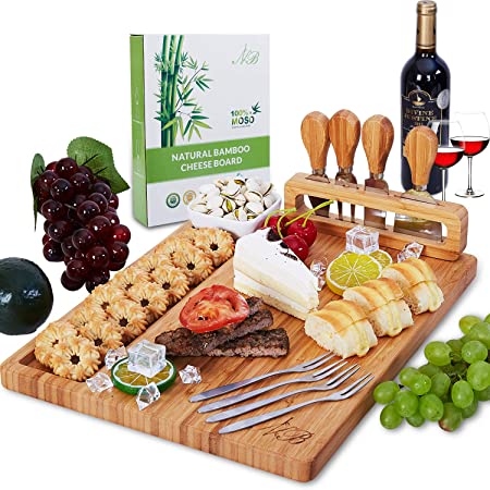 Bamboo Cheese Board Set, Cheese/Charcuterie Platter Serving Tray with 4 Tableware Stainless Steel Knife, 4 Stainless Steel Cheese Forks and Ceramic Bowl Perfect Gift for Housewarming & Weddings