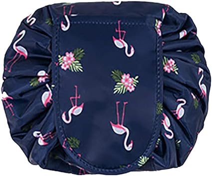 Large Capacity Lazy Makeup Toiletry Bag Drawstring Portable Travel Casual Waterproof Quick Pack Magic Makeup Storage Bag Perfect for Women Girls (DarkBlue Flamingo)