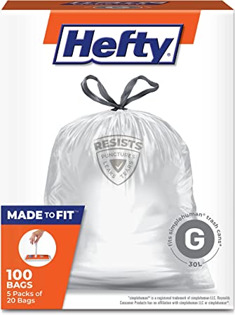 Hefty Made to Fit Trash Bags, Fits simplehuman Size G (8 Gallons), 100 Count (5 Pouches of 20 Bags Each)