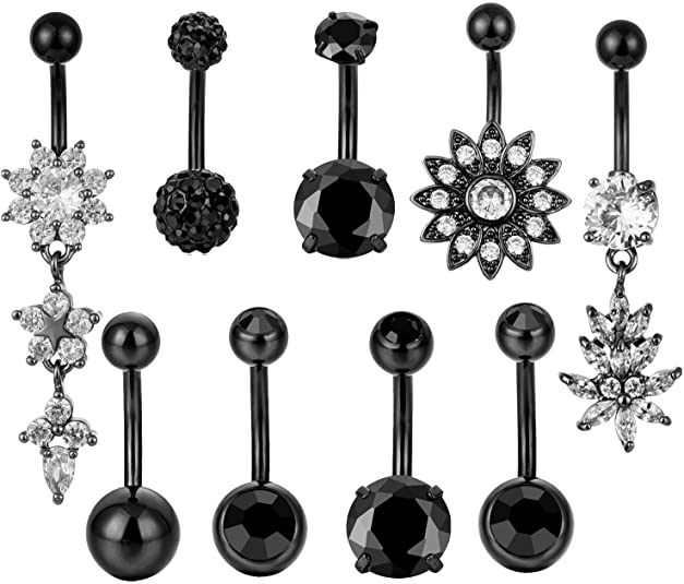 JDXN 9PCS Belly Button Ring Stainless Steel Black Dangle Cubic Zirconia Belly Rings for Women Navel Rings Body Piercing Jewelry