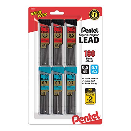 Pentel Super Hi-Polymer Lead Refill 0.5/0.7Mm, Fine/Medium, Hb, Pack of 6 (C257BPHB6)