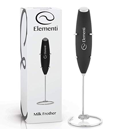 Milk Frother with Stand (Black) - Make Cappuccinos, Lattes and Bulletproof Coffee - Handheld with More Powerful High Torque Motor