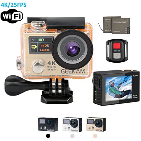 Action Camera, 2017 New 4K 30Fps Ultra HD Sport Camcorder with CMOS Dual Display Screen Aluminium Alloy Front Cover HDMI Wifi 2.4G Remote Control 170 Degree Wide Angle 19 Mounting Kits
