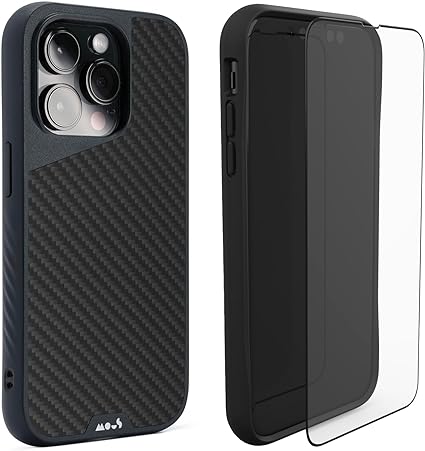 Mous Tempered Glass Screen Protector and iPhone 14 Pro Case Carbon Fiber Limitless 5.0