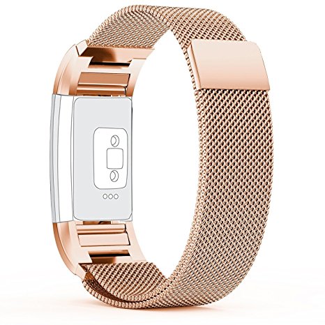 Fitbit Charge 2 Strap (6.7-8.1 inch) Large, with Unique Magnet Lock, PUGO TOP® Milanese Loop Stainless Steel Bracelet Strap Band for Fitbit Charge 2 Smart Watch No Buckle Needed (Champagne Gold)