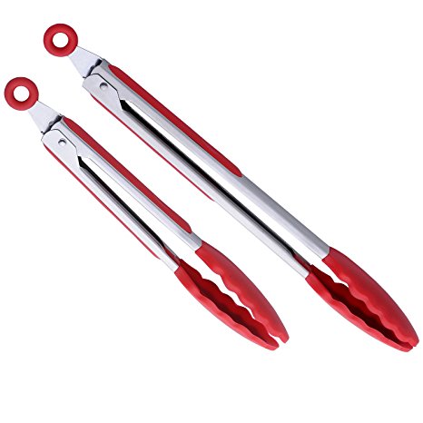 Danslesbls Heavy Duty Nonstick Silicone Kitchen Serving Tongs, 2 Pack 9 Inch and 12 Inch Heat Resistant Locking Food Tong with Silicone Tips (Red)