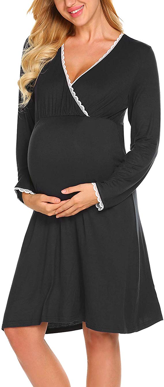 Ekouaer Women Delivery/Labor/Maternity/Nursing Nightgown Long/Short Sleeve Pleated Breastfeeding Sleep Dress(S-XXL)