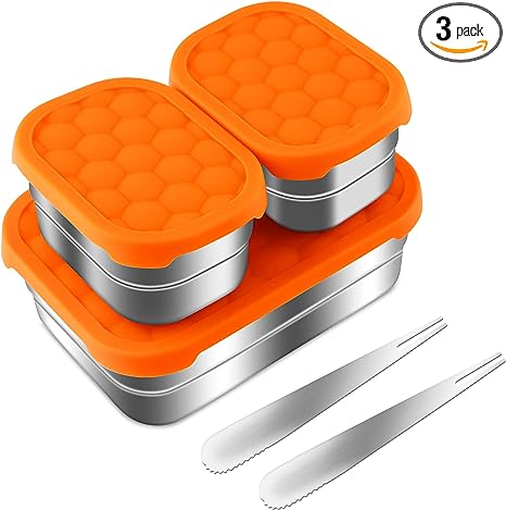 MOVNO Stainless Steel Food Containers with Lids Set of 3 (28 oz, 8 oz, 8 oz) - Metal Snack Container for Kids Adults - Premium Leakproof Bento Box Storage - Lunch Box Set with Silicone Lids