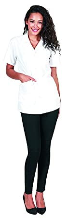 Betty Dain Professional Salon Nail Tech/Esthetician Jacket, Short Sleeves, Protects Clothing from Stains, Button Down Front, V-Neck Collar, 2 Lower Front Pockets, Polyester/Cotton, White, XS