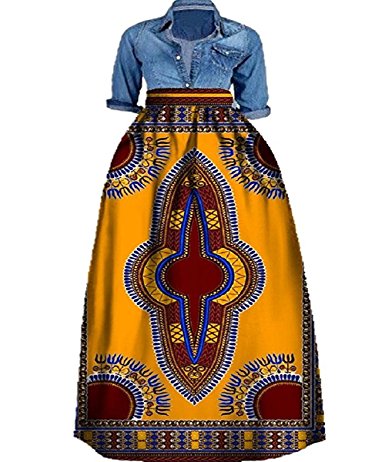 Shele Women's African Print Dashiki Long Maxi A Line High Waist Skirt Ball Gown(M-3XL)