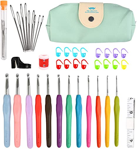 TIMESETL Crochet Hooks Knitting Needles Set, 12 Pcs Ergonomic Handle Crochet Needles, Plus Large-Eye Blunt Knitting Needles with Mark Pins, Measure Tape and Crochet Hook Case for Arthritic Hands