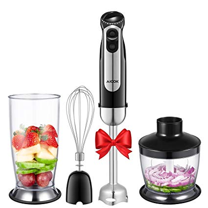 Hand Blender, Aicok 700W 4-in-1 Immersion Blender, Stick Blender with 5 Speed, Stainless Steel Stick Blender for Smoothies, Baby Food, Soup, Vegetables and Fruits, Black