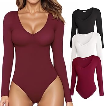 MANGOPOP Deep V Neck Short Sleeve Long Sleeve Tops Bodysuit for Women Clothing