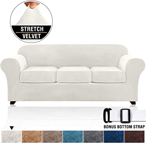 4 Pieces Sofa Covers Stretch Velvet Couch Covers for 3 Cushion Sofa Slipcovers Thick Soft Sofa Slip Covers with 2 Non Slip Straps Furniture Covers with 3 Individual Seat Cushion Covers (Sofa, Ivory)