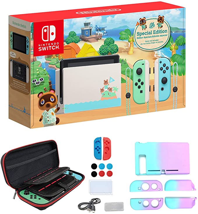 Newest Nintendo Switch with Green and Blue Joy-Con - Animal Crossing: New Horizons Edition - 6.2" Touchscreen Screen - Family Christmas Holiday Bundle - Green and Blue - iPuzzle 12-in-1 Carrying Case