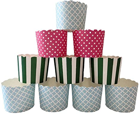 Paper Baking Cups-90 Packs 6 Oz Greaseproof Baking Cups Cupcake Muffin Cases Disposable Cupcake Wrappers For Birthday Wedding And Party -Green Vertical Pink Polka Dot Blue Quadrafoil