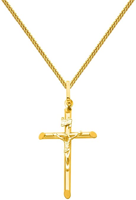 The World Jewelry Center 14k Yellow Gold Crucifix Cross Pendant 1mm Braided Square Wheat Chain Necklace