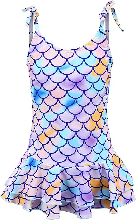 Girls One Piece Swimsuits Mermaid Bathing Suit for Kids Hawaiian Swimwear with Skirt Swim Dress 3-16 Years
