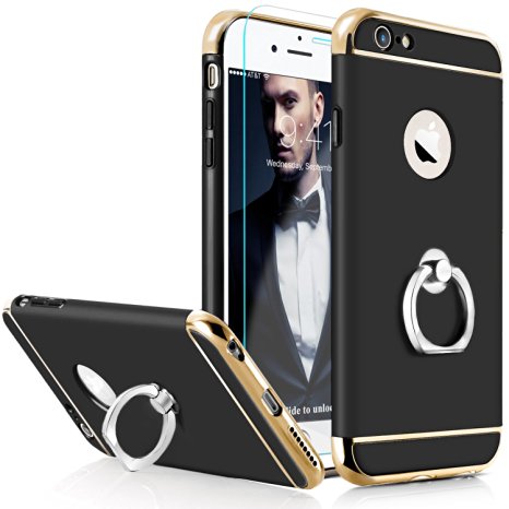 iPhone 6 Case, DecaStars® [Luxury Series] 3-in-1 Shockproof Drop Protection [Metal Electroplating Technology] Ring Kickstand Hard Back Shell Skin Cover for Apple 4.7 Inch (Black)