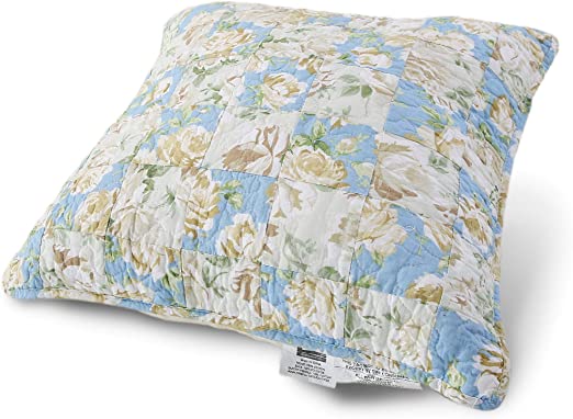 KASENTEX Luxurious Patchwork Bedspread Embroidery Cushion 100% Cotton Pillow Machine Washable(Blue/Beige, 18x18in)