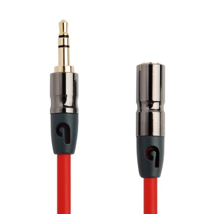 PlugLug 3.5mm Male to 3.5mm Female Stereo Audio Cable (8 FT (Male to Female) Red) - New Design accommodates iPhone, iPad, itouch, Smartphones and MP3 cases