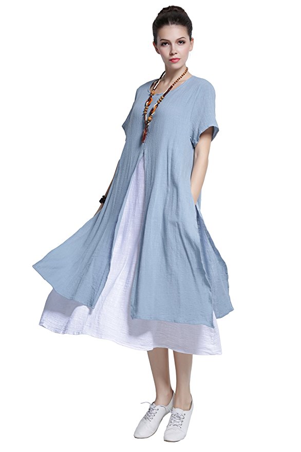 Anysize Fake-Two-Piece Soft Linen&Cotton Dress Spring Summer Plus Size Clothing Y110