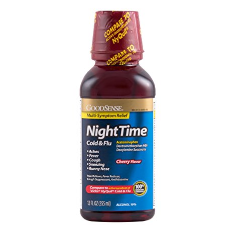 GoodSense Nighttime Cold and Flu Relief Liquid, Cherry Flavor, 12 Fluid Ounce