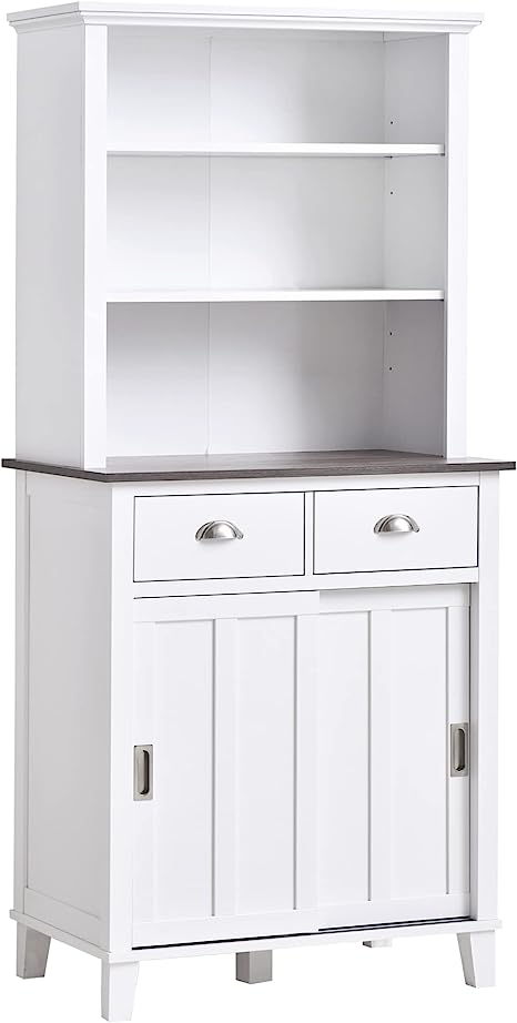 HOMCOM Buffet de Cuisine Armoire de Cuisine Multi-rangements 2 Portes coulissantes 2 tiroirs 2 étagères   Plateau Blanc Noir