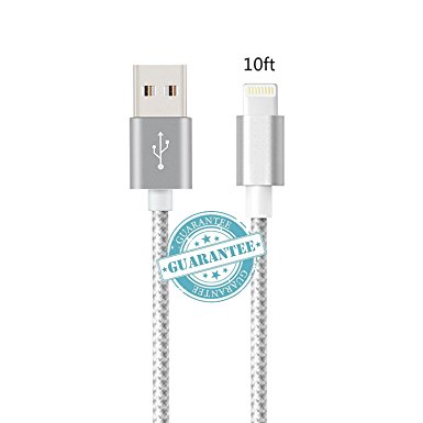 iPhone Cable - 10Feet, DANTENG Extra Long Charging Cord - Nylon Braided 8 Pin to USB Lightning Charger for iPhone 7,SE,5,5s,6,6s,6 Plus,iPad Air,Mini,iPod(SilverGrey)