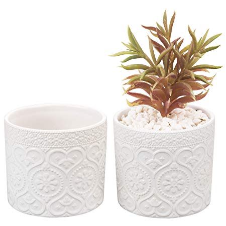 MyGift 4-Inch White Ceramic Floral Embossed Succulent Planter Pots, Set of 2