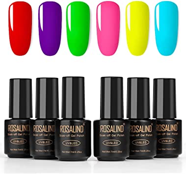 ROSALIND Gel Nail Polish Neon 6 Colors Set Hot Pink Quick Dry French Manicure for Nail Design Yellow Light Blue 7ml