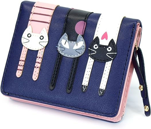 Mini Faux Leather Bifold Cute 3 Cat Zipeer Clutch Wallet Handbag for Women Girls Christmas Gifts for Kidss (Navy Blue)