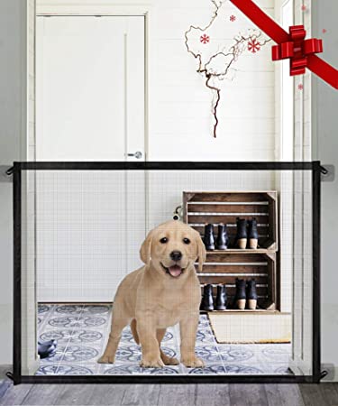 Magic Gate for Dogs,Queenii Pet Safety Guard Gate, Portable Folding Mesh Magic Gate Baby Safety Gates Install Anywhere, Safety Fence for Hall Doorway Wide 41.01" (Black)